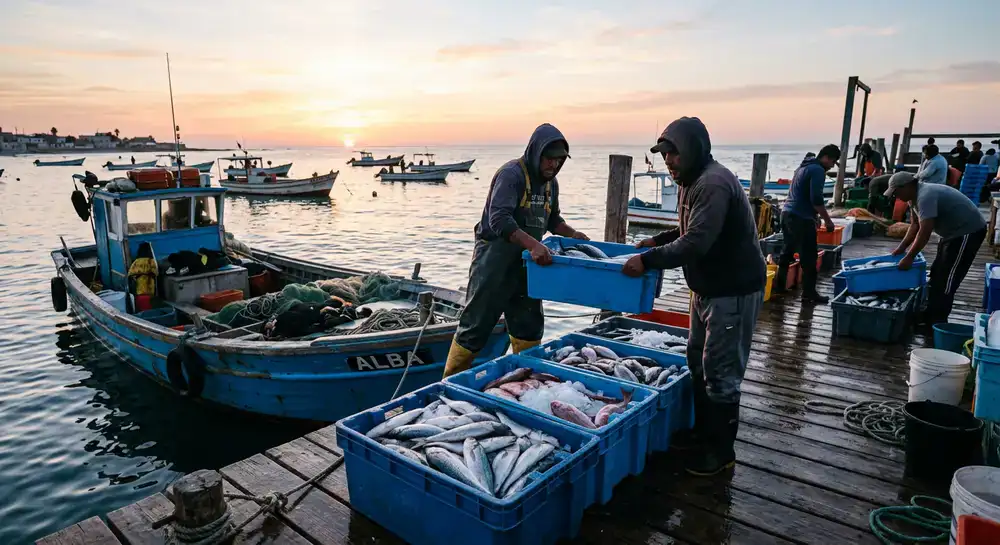 Embarcadero al amanecer donde se recibe la pesca fresca