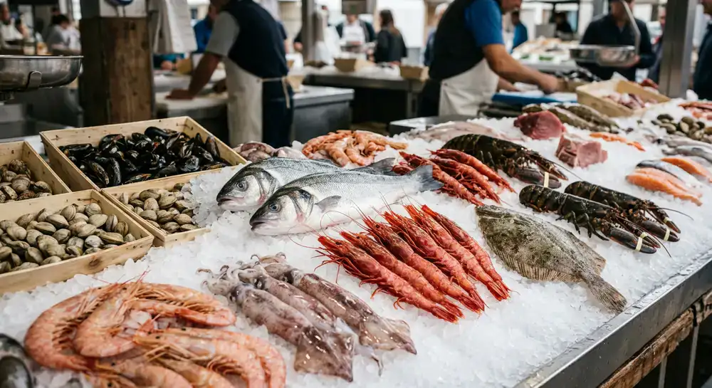 Selección detallada de mariscos frescos sobre hielo