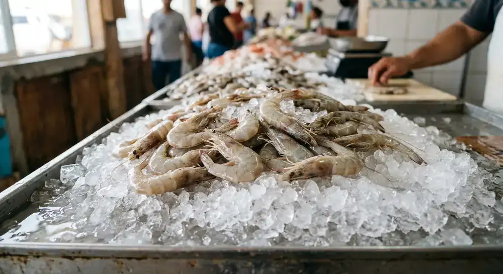 Camarones crudos sobre hielo