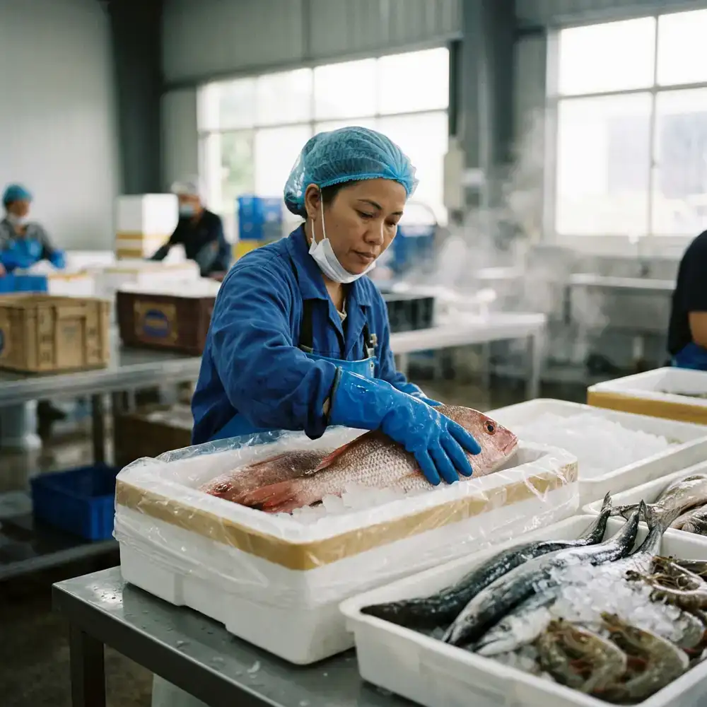 Proceso de empaque cuidadoso de mariscos frescos