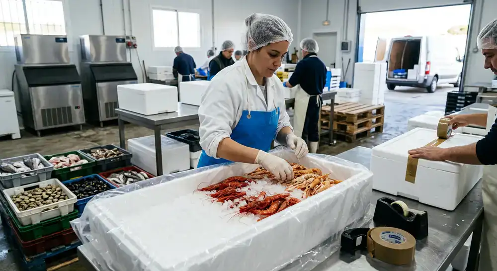 Proceso de empaquetado y aislamiento térmico para transporte de mariscos