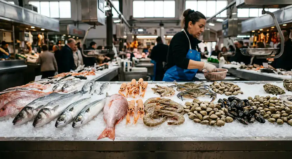 Exhibición de pescados y mariscos frescos sobre hielo