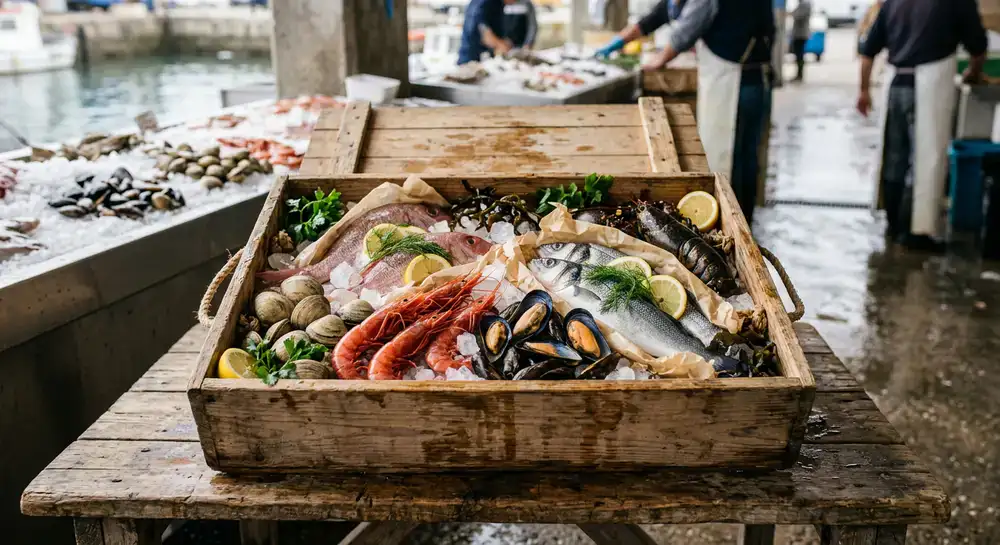 Caja preparada con mariscos frescos lista para entrega