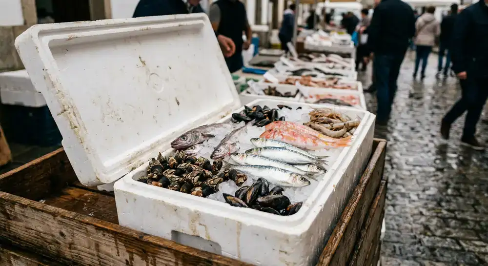 Caja térmica con mariscos y pescados frescos sobre hielo