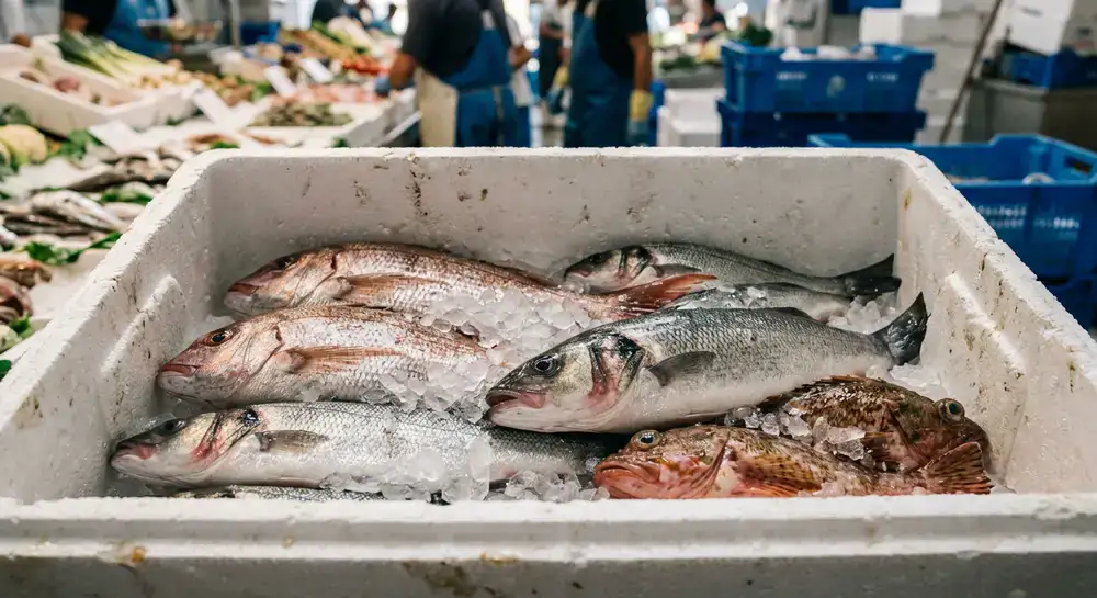 Detalle de empaque térmico con pescados frescos